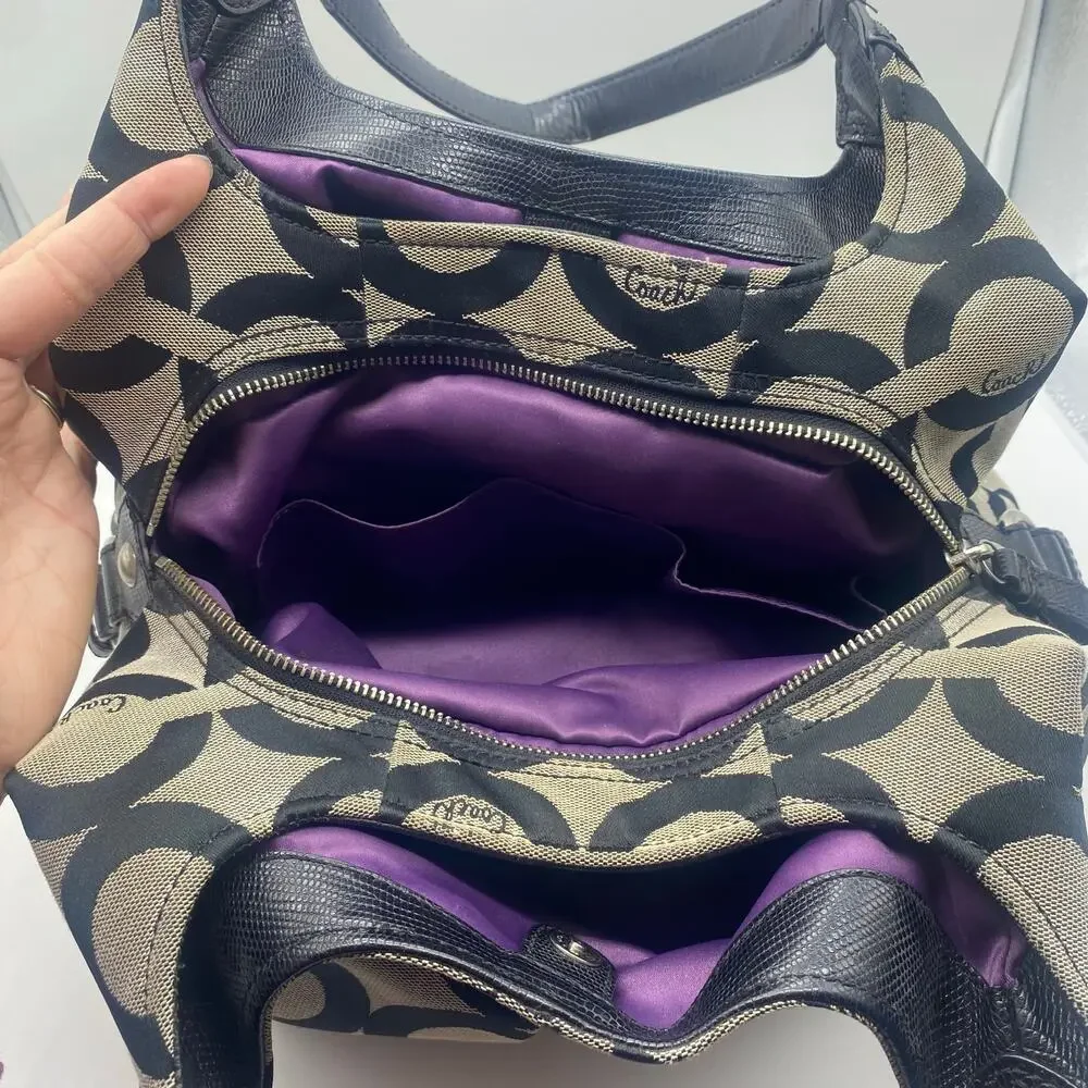 Coach Gray Black Madison Op Art Maggie Shoulder Bag Y2K Jacquard Leather Retro